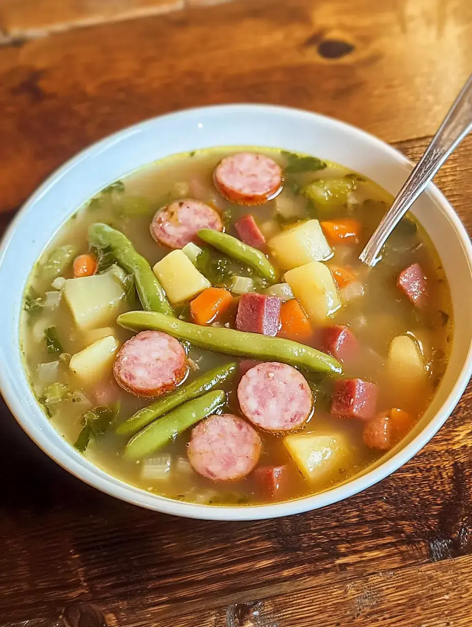 Un plato de sopa servido con rodajas de salchicha, papas, zanahoria y judías verdes sobre una mesa de madera.