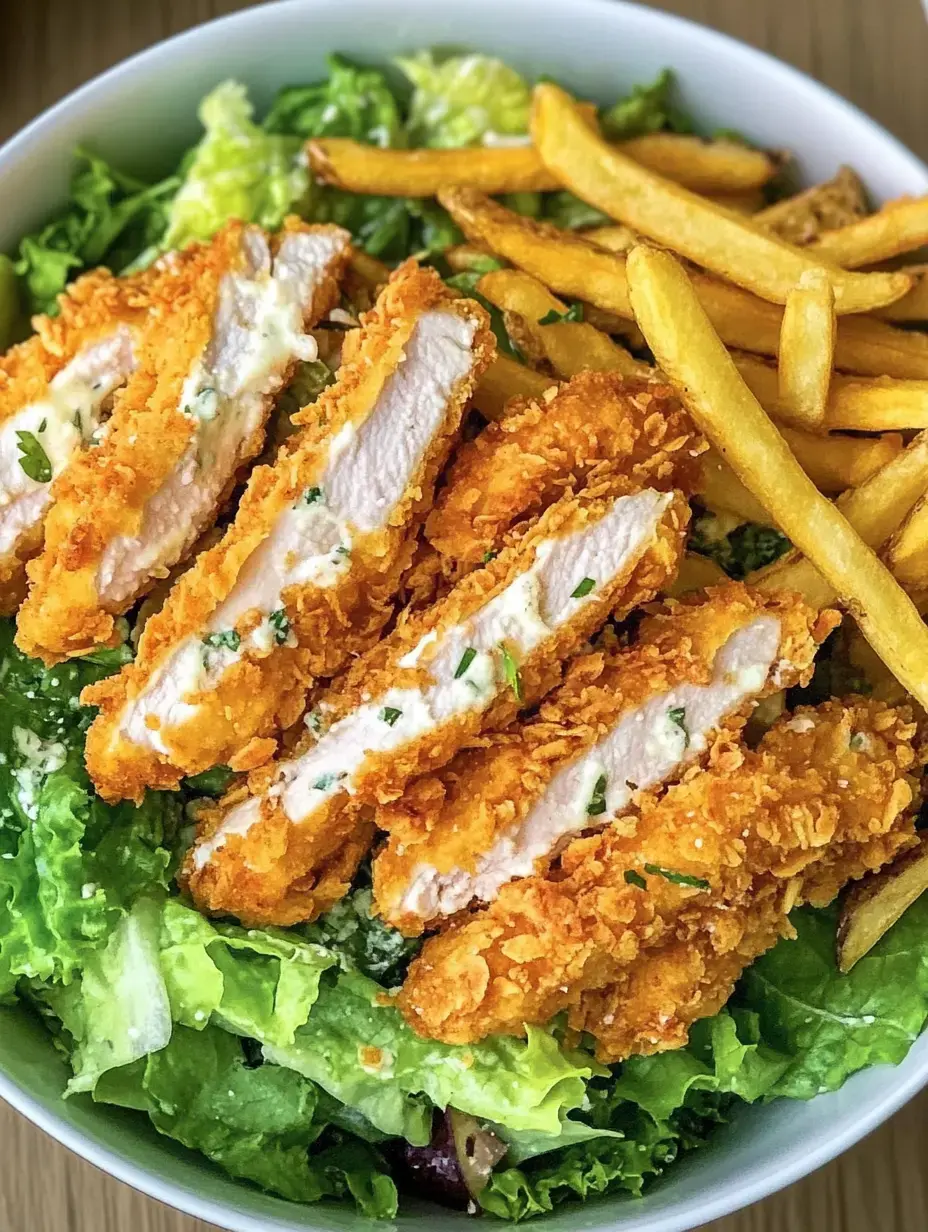 Un plato con pollo empanizado crujiente, lechuga verde y papas fritas.