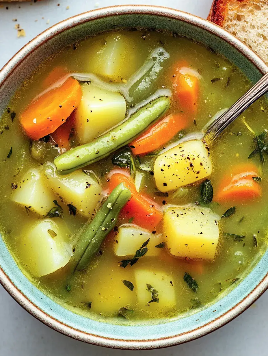 Un bol de caldo de verduras con zanahorias, patatas y judías verdes, acompañado de un trozo de pan.