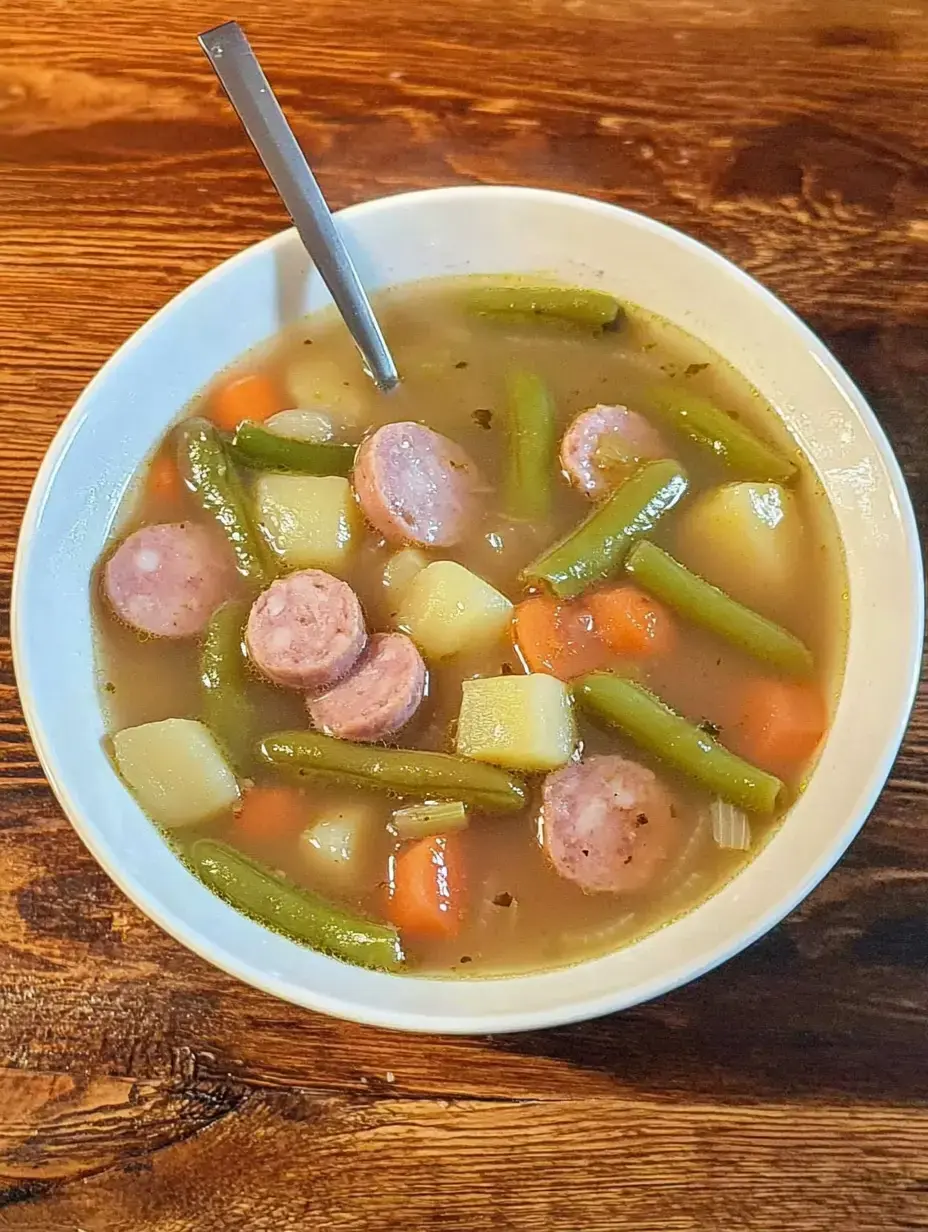 Un plato con sopa de verduras, papas, zanahorias, judías verdes y rodajas de salchicha sobre una mesa de madera.