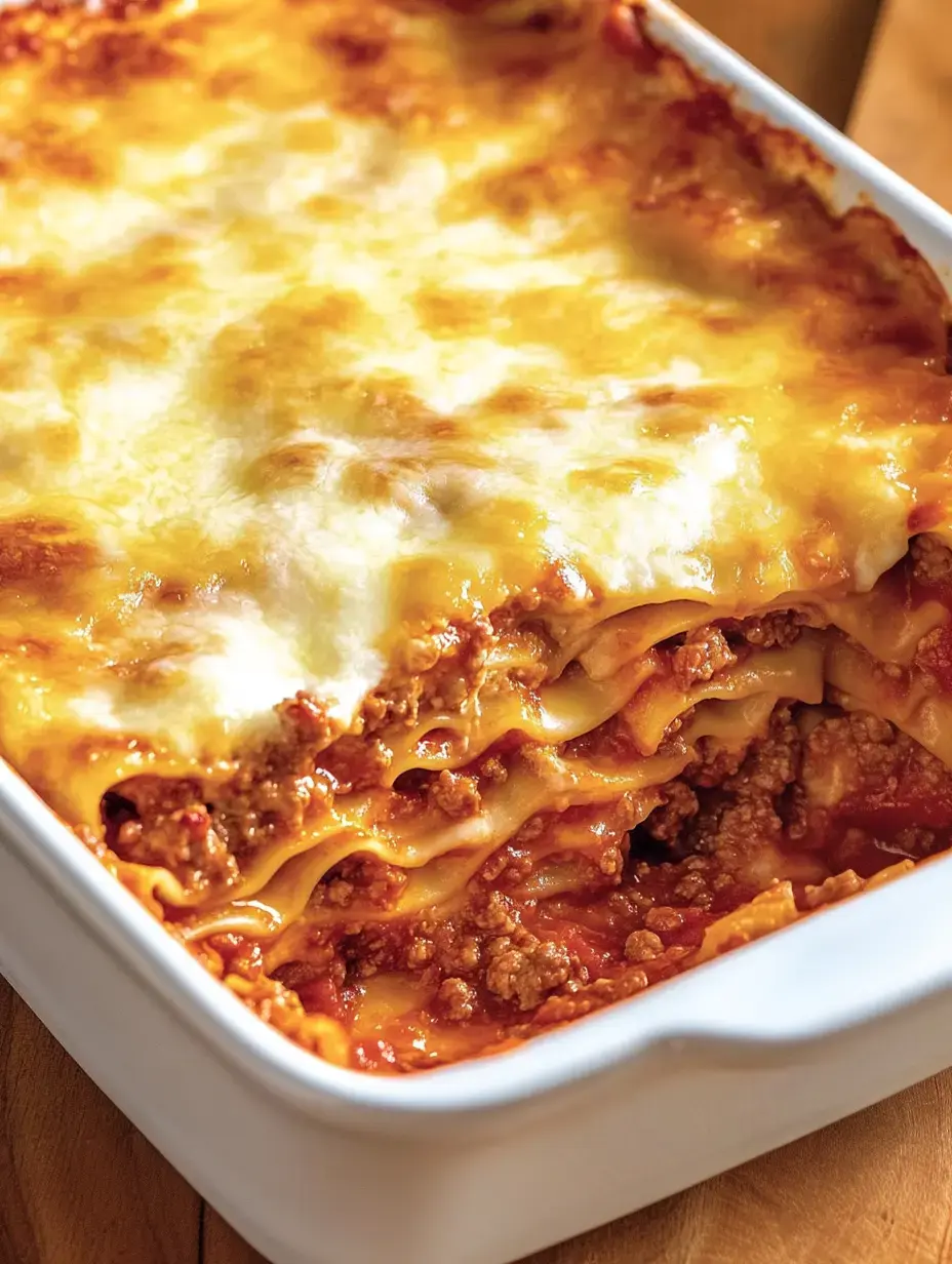Una lasaña jugosa recién salida del horno con queso derretido y capas de salsa de carne y pasta.