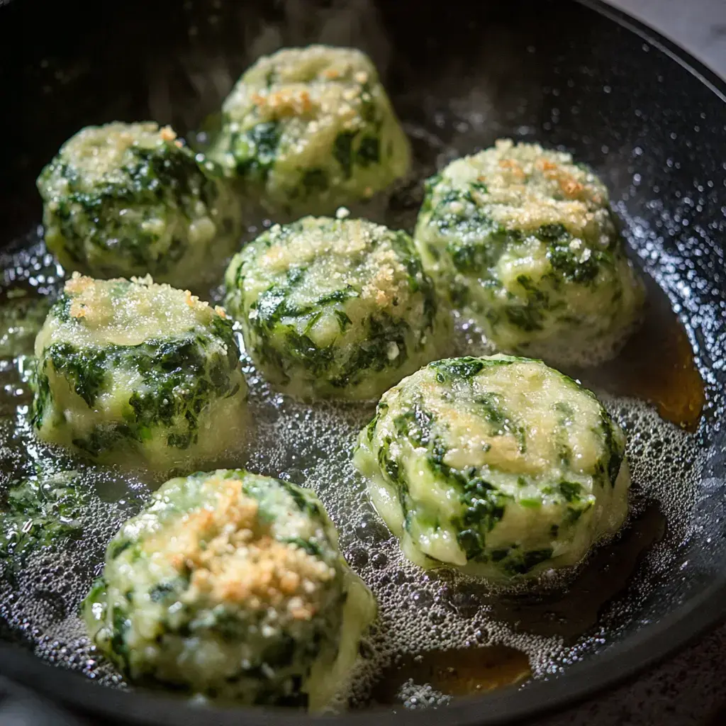 Varias bolas verdes de knödel de espinaca se doran en una sartén, la parte superior luce crujiente.