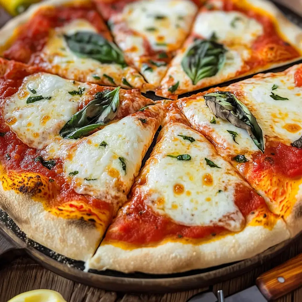 Una Margherita recién hecha con mozzarella, salsa de tomate y albahaca fresca, ya cortada en trozos.
