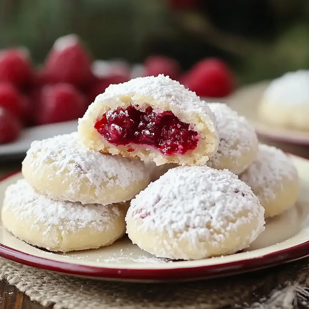 Galletas con azúcar glas, rellenas de mermelada roja brillante y servidas en un plato.