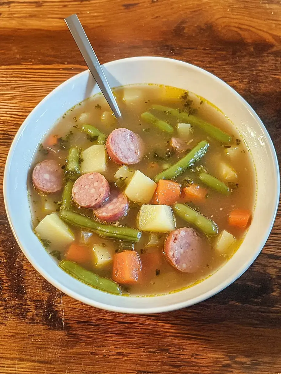 Un plato con sopa, salchichas, judías verdes, papas y zanahorias en una mesa de madera.