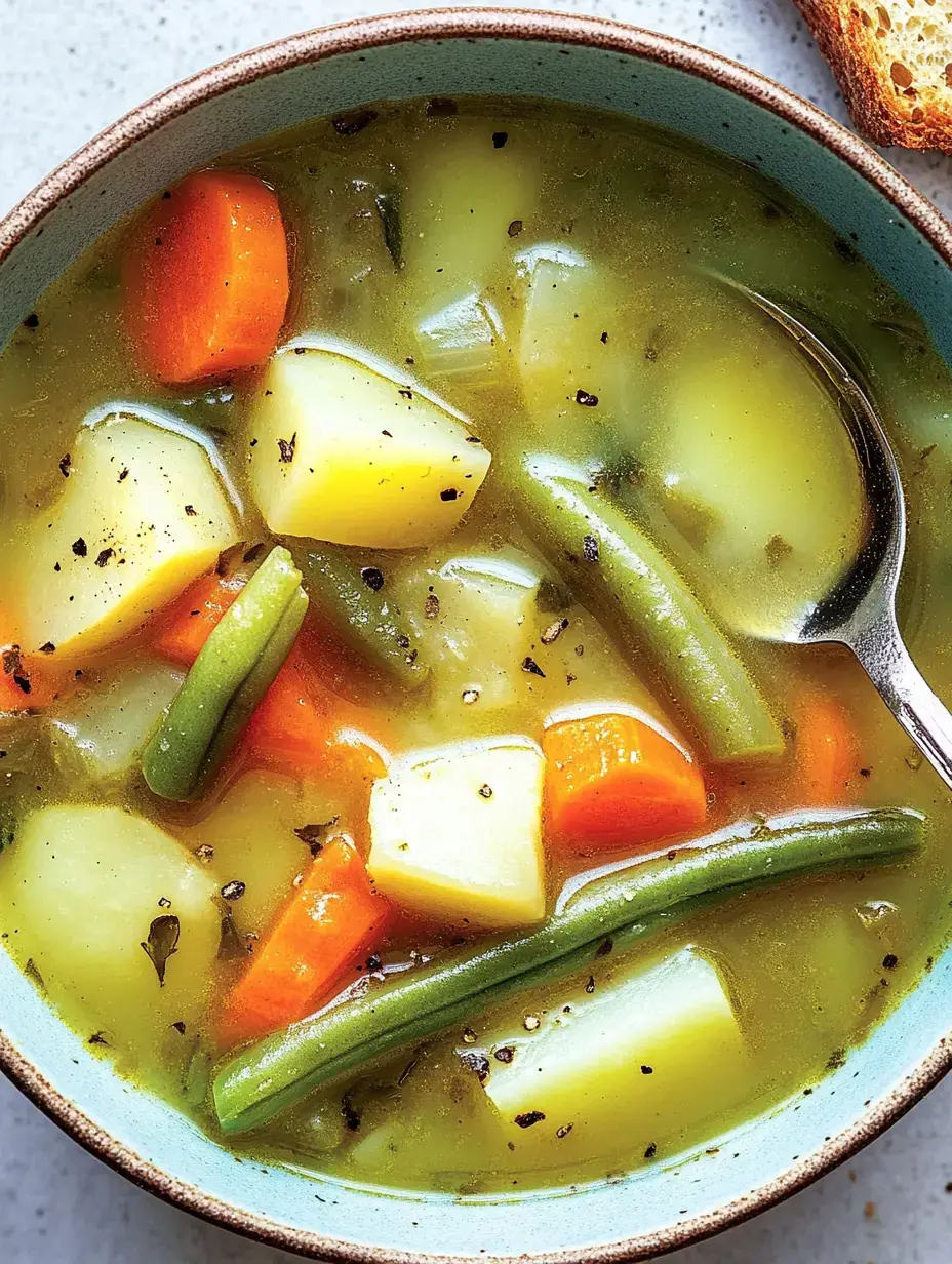 Bol con caldo de verduras lleno de patatas, zanahorias y judías verdes.