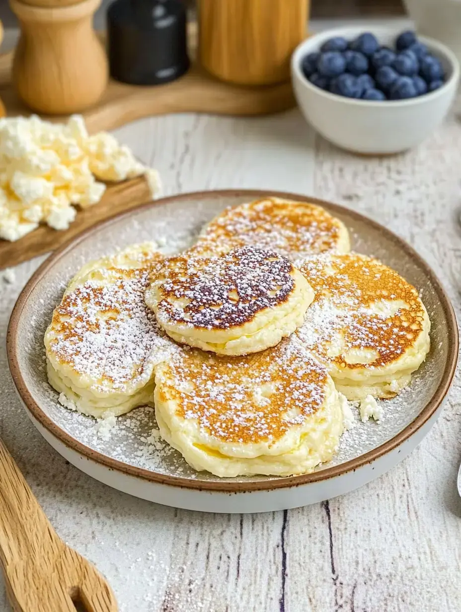 Un plato con pancakes esponjosos cubiertos de azúcar glass al lado de un cuenco con arándanos y quark.