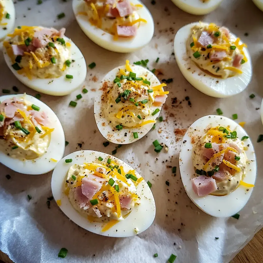 Un plato con huevos rellenos, decorados con jamón, queso, cebollín y especias.