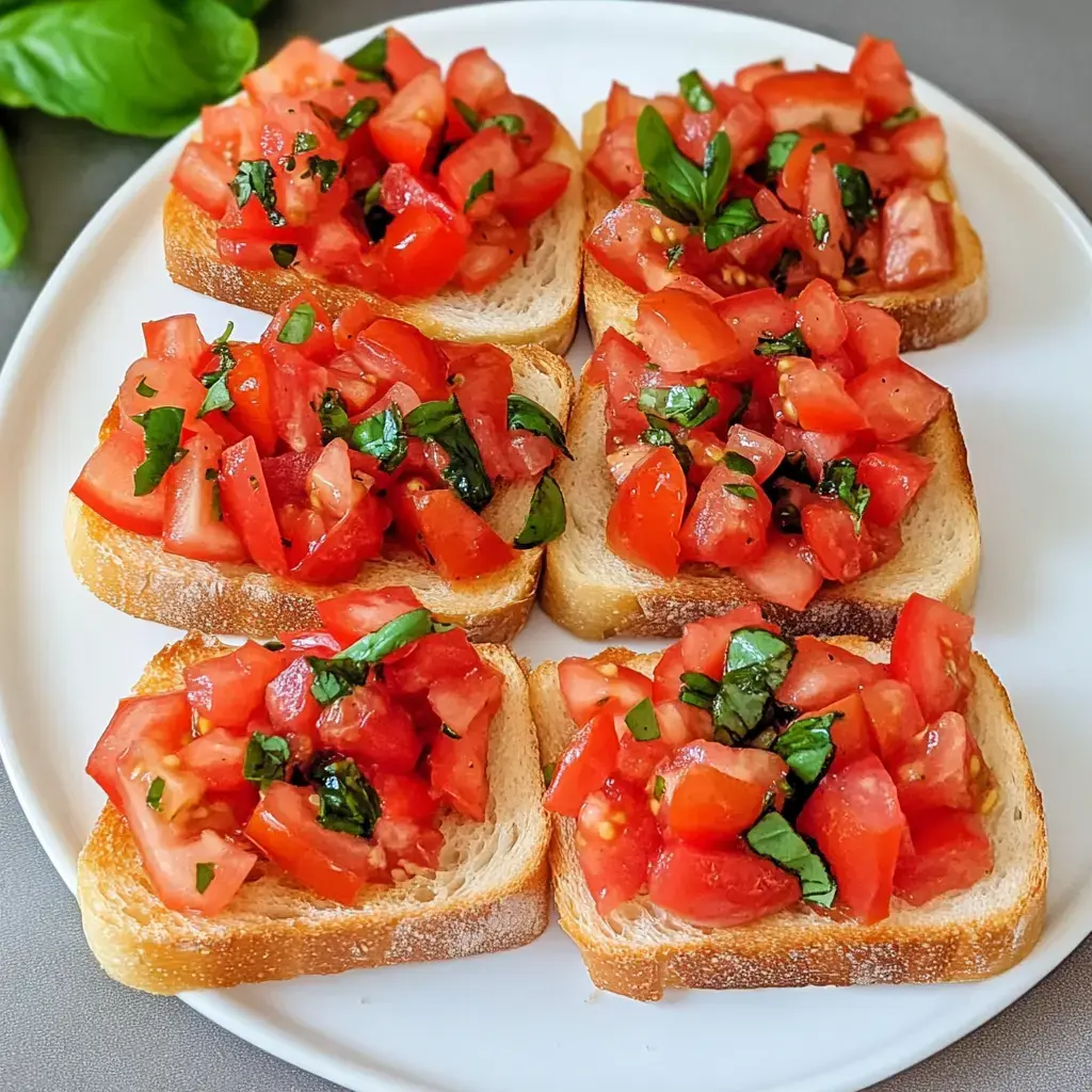 Un plato con seis rebanadas de pan tostado cubiertas con jitomate en cuadritos y albahaca fresca.