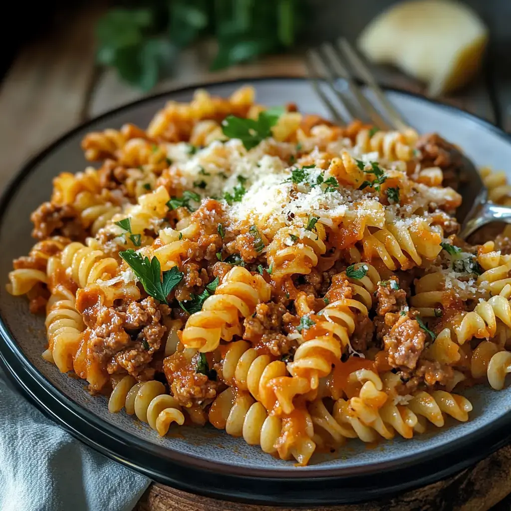 Plato con pasta retorcida, salsa de carne, parmesano y perejil sobre una mesa rústica de madera.
