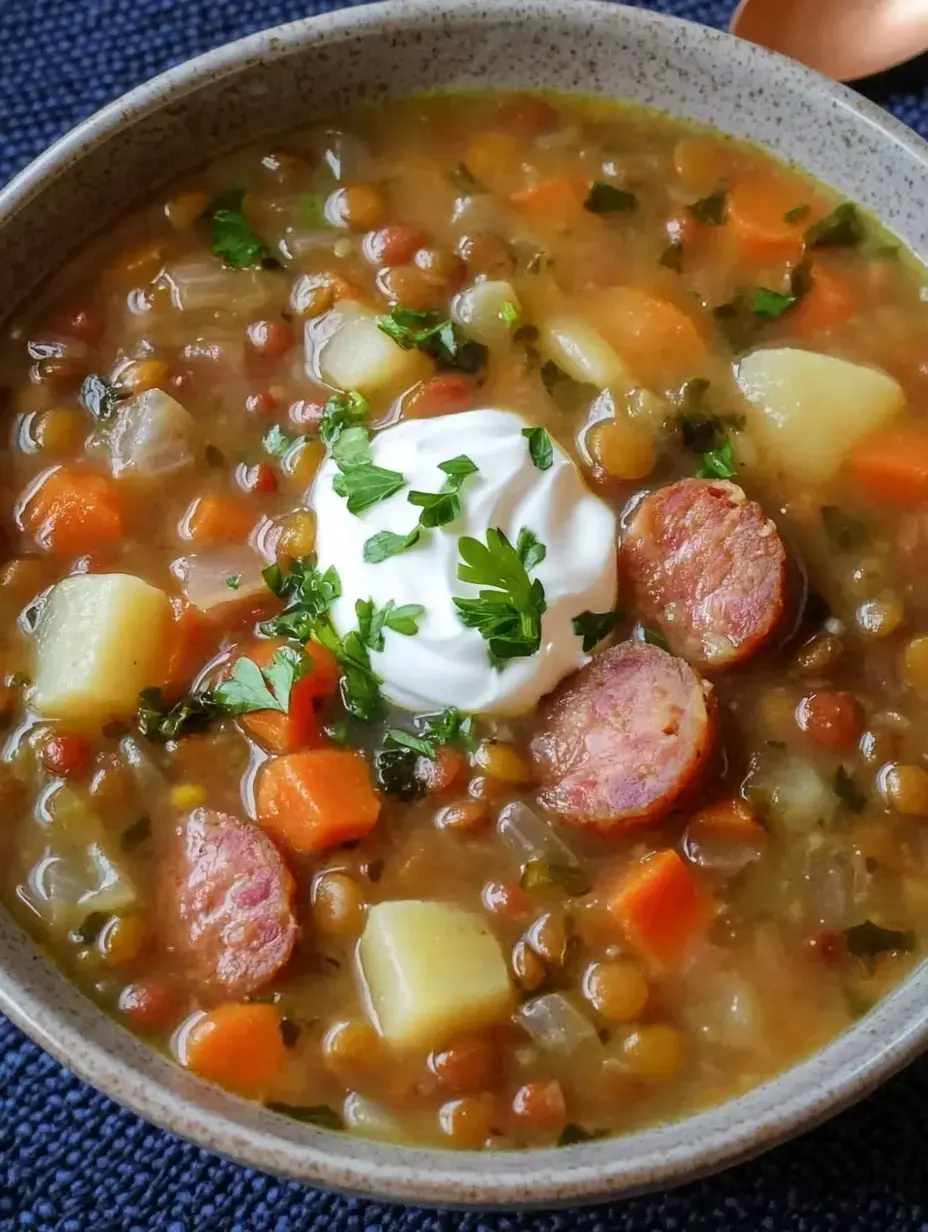 Un plato de sopa de lentejas, decorado con crema agria y cilantro fresco, lleva zanahorias, papas y trozos de salchicha.