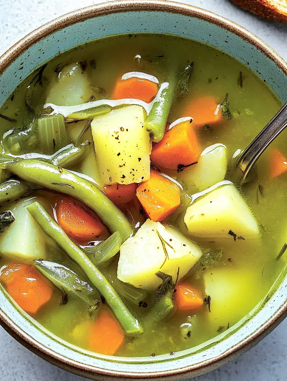 Bol con guiso de verduras colorido, lleva patatas, zanahorias y judías verdes.
