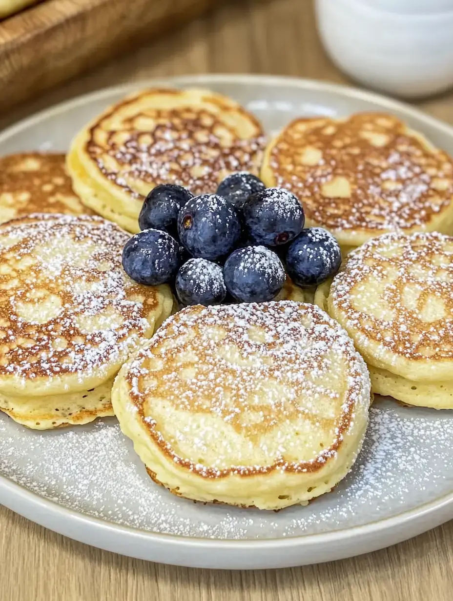Un plato con pancakes doraditos cubiertos de azúcar glass y decorados con arándanos frescos.