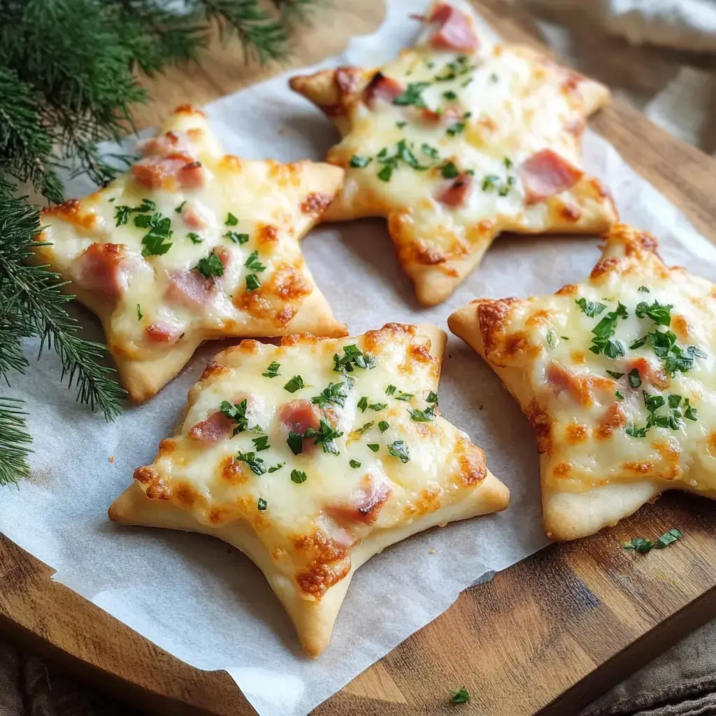 Mini pizza en forma de estrella con jamón y queso, decorada con cebollino fresco, en una tabla de madera.