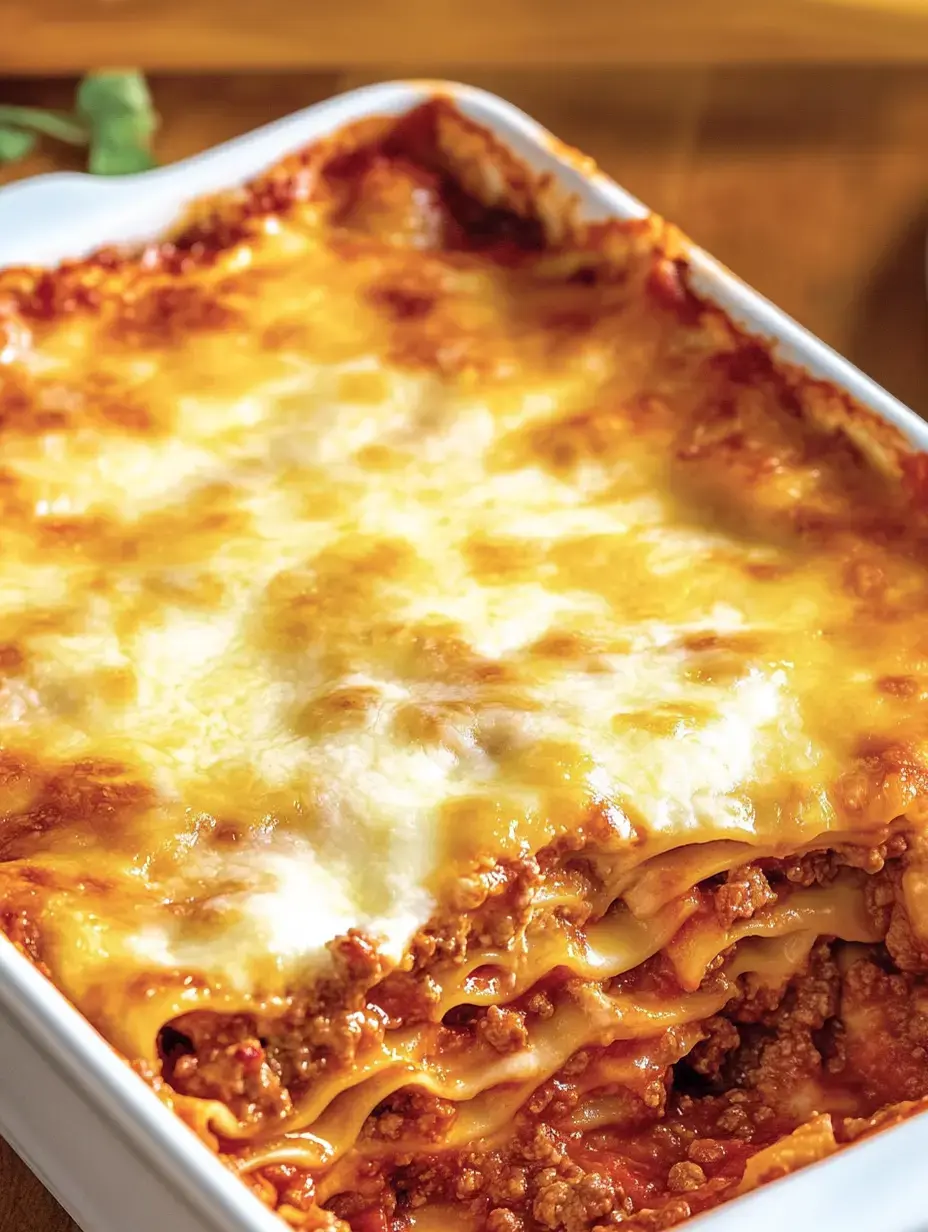 Lasaña deliciosa en fuente blanca, con capas de pasta, carne jugosa y queso dorado fundido.