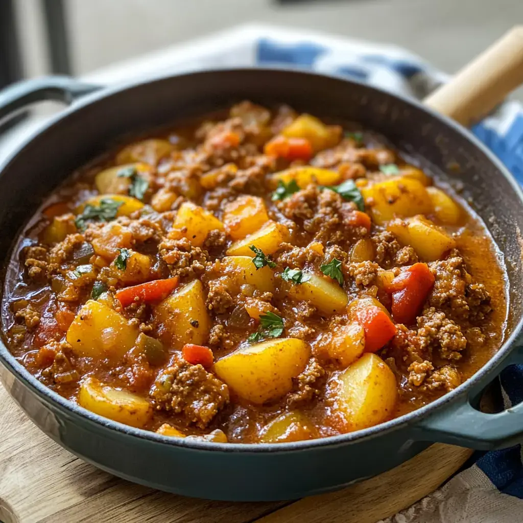 Un guiso caliente con papas, carne picada y verduras en una olla negra.