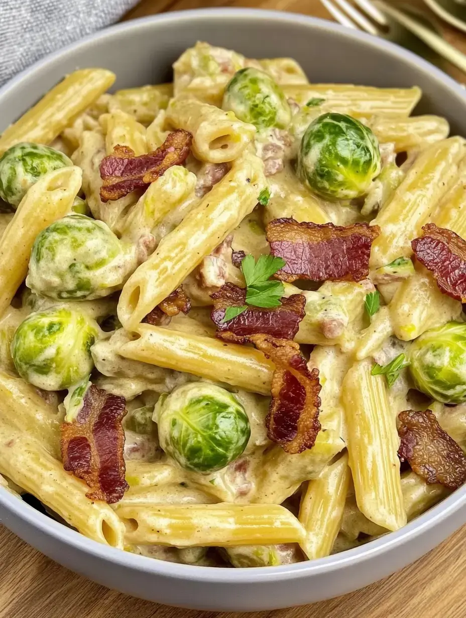 Un plato de pasta con penne, coles de Bruselas y tocino dorado.