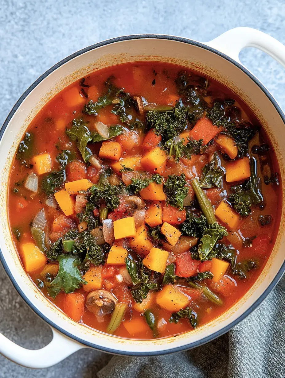 Una olla llena de sopa de verduras colorida con calabaza, col rizada, tomate y más verduras.