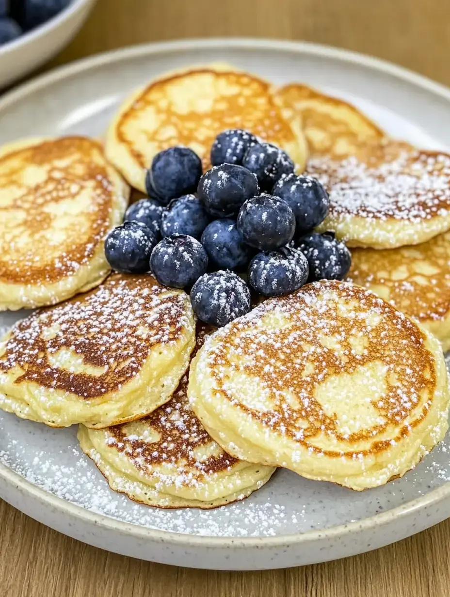 Un plato con pancakes esponjosos decorados con arándanos frescos y azúcar glass.