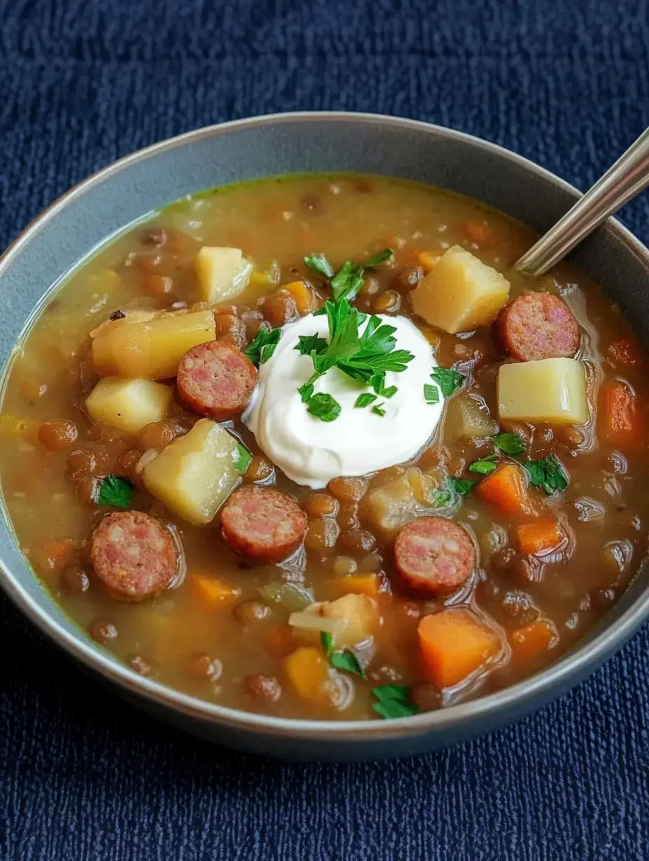 Un plato de sopa de lentejas con rodajas de salchicha, trozos de patata, zanahoria y un poco de crema agria, decorado con perejil fresco.