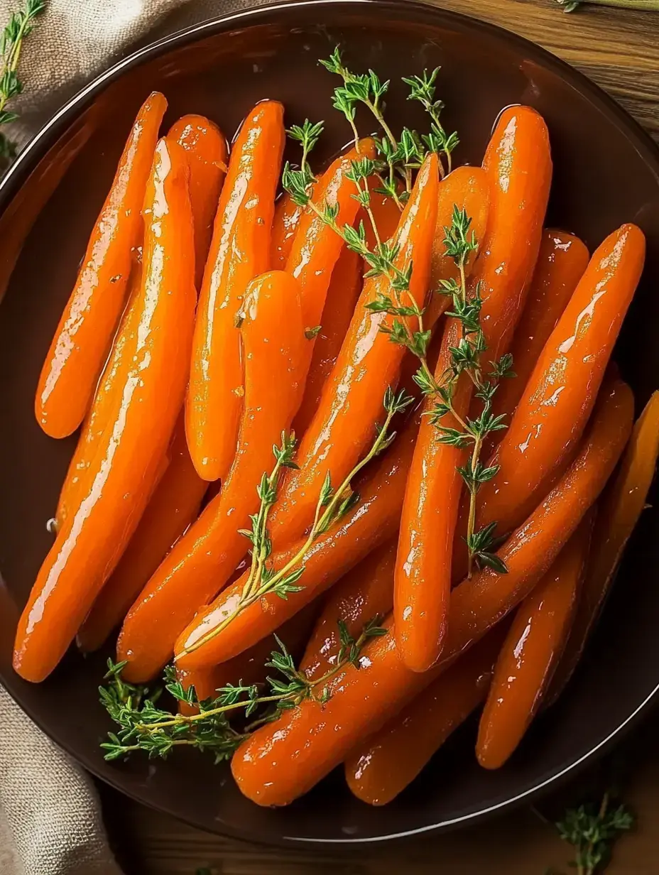 Un plato oscuro con zanahorias glaseadas de color naranja, adornadas con ramitas frescas de tomillo.