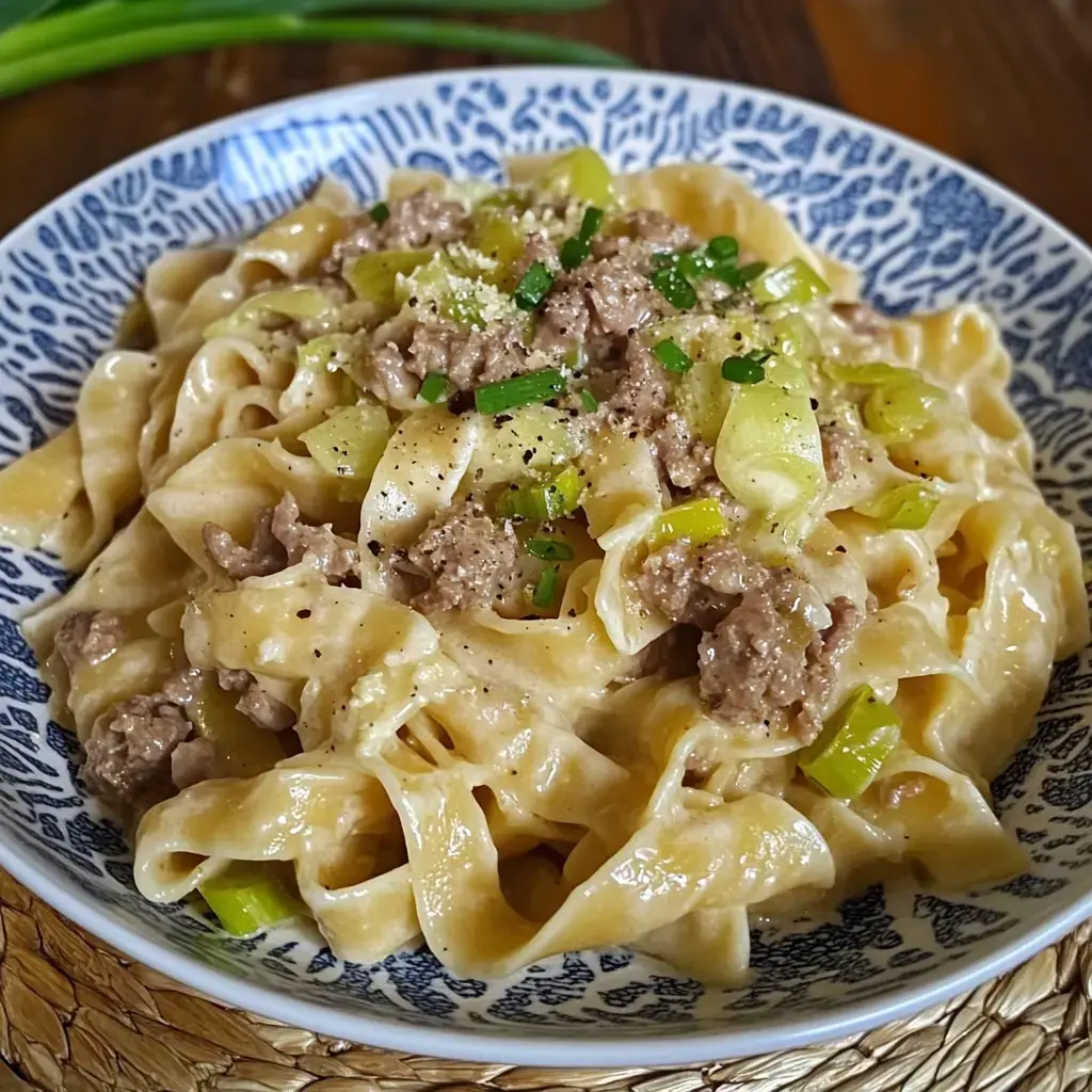 Pasta fresca tipo tagliatelle con carne molida, poro y queso rallado en salsa cremosa.