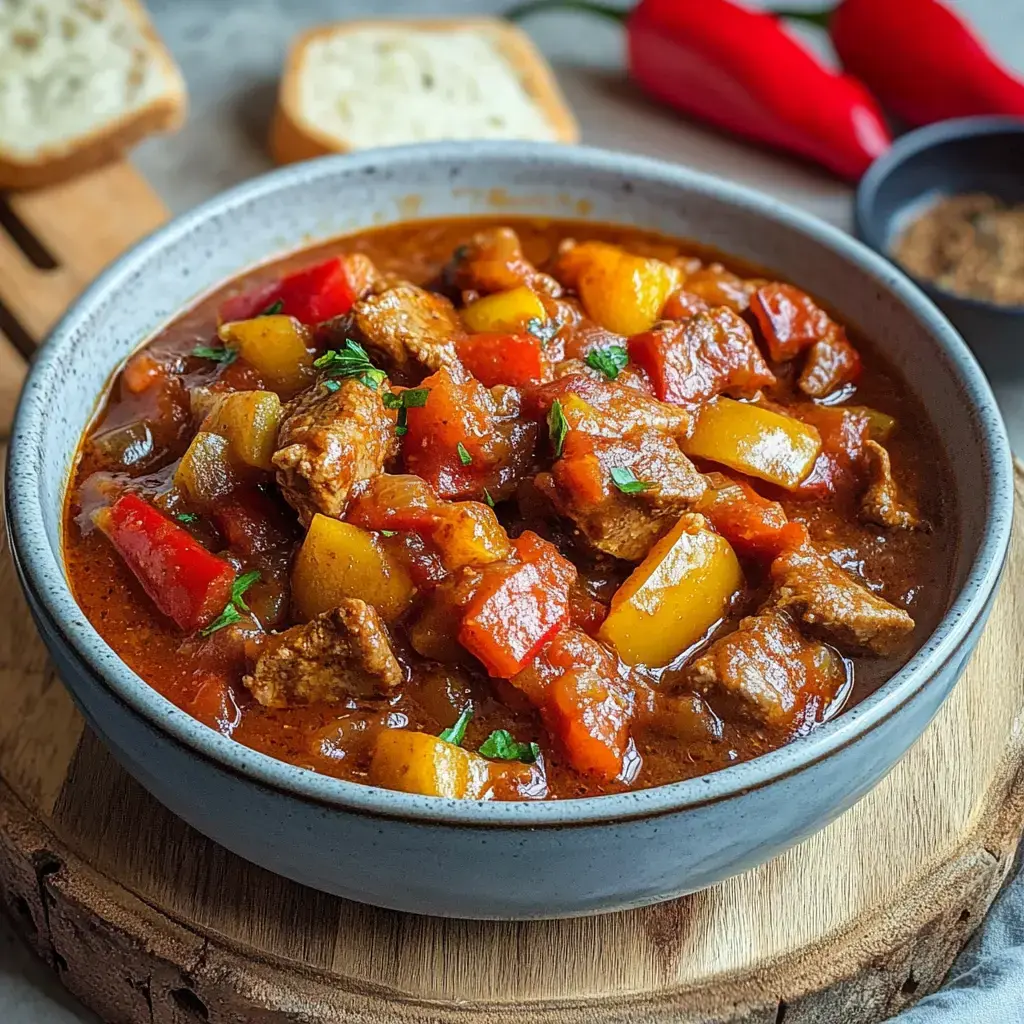 Un bol con guiso de carne y verduras coloridas, decorado con perejil fresco.