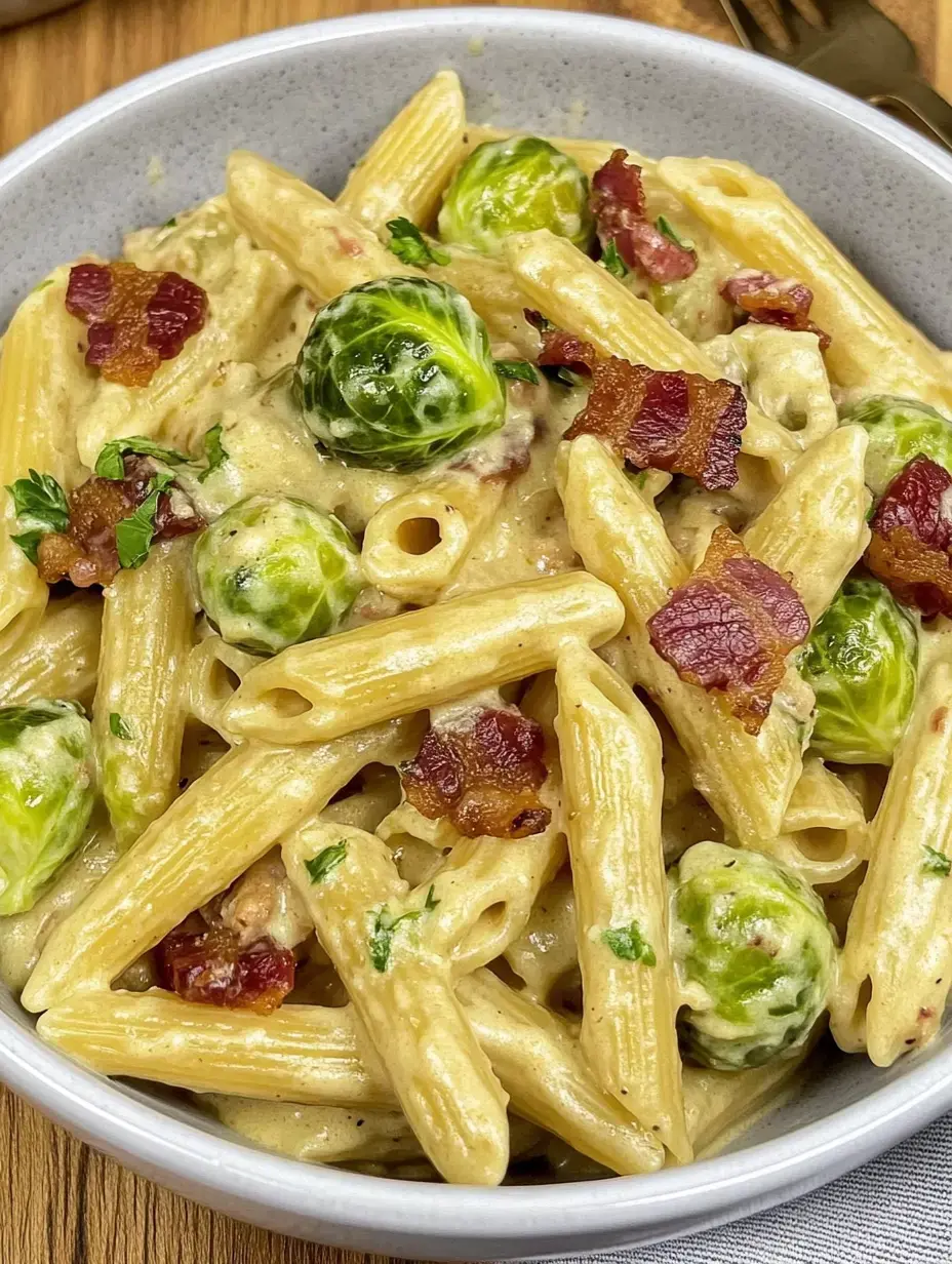 Plato de pasta con coles de Bruselas, tocino doradito y salsa suave.