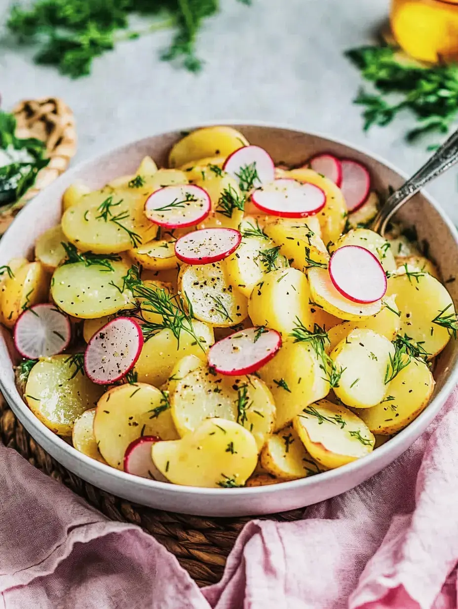 Ensalada de patata con rabanitos y eneldo bien fresca en bol blanco.