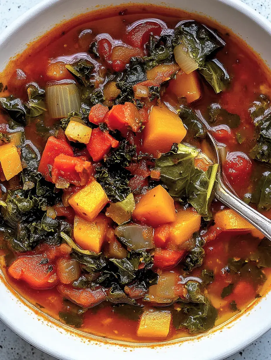 Un plato de sopa de verduras abundante con trozos coloridos y hojas verdes.