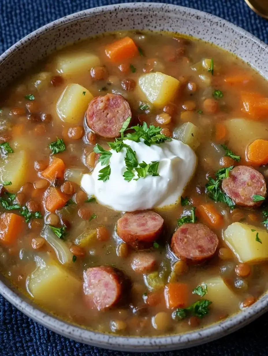 Una sopa ligera de lentejas con zanahorias, patatas y rodajas de salchicha, con una cucharada de crema agria y perejil fresco por encima.