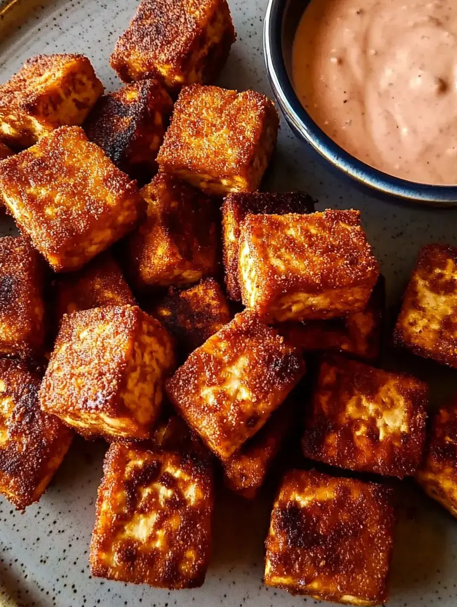 Un plato con cubos de tofu bien dorados, acompañado de un dip.