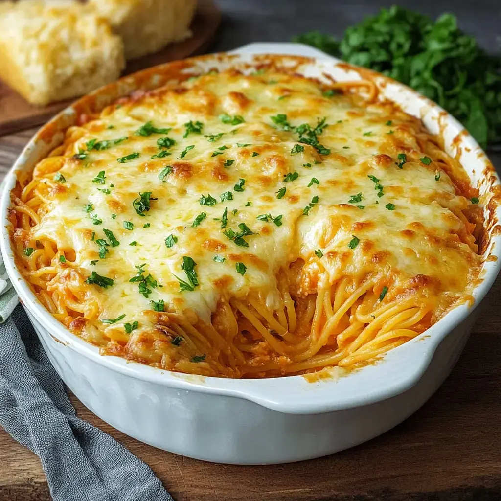 Una bandeja blanca con pasta gratinada, queso fundido y hierbas frescas.