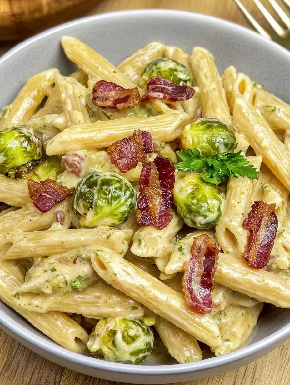 Penne con coles de Bruselas y tocino dorado bañado en salsa cremosa.