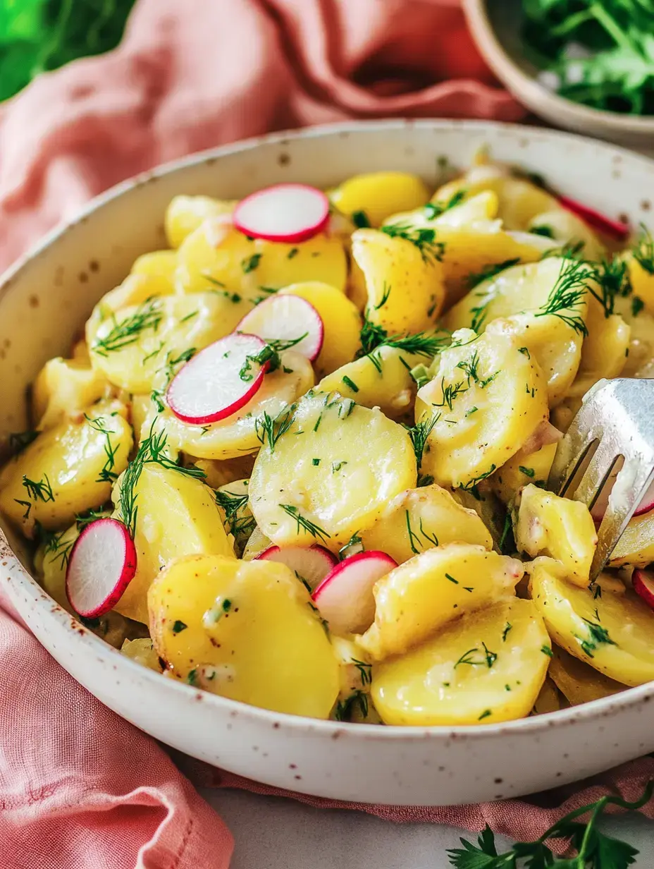 Plato de ensalada de patata con rabanitos y eneldo fresco, junto a una servilleta rosa.