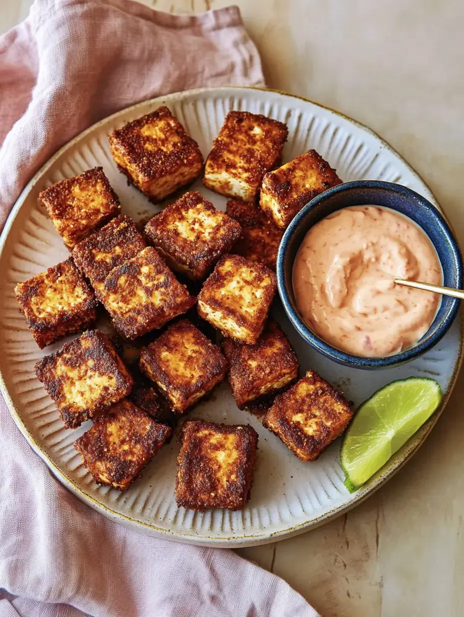 Un plato con tofu dorado y crocante, bañado en salsa cremosa de miel y chile más una rodaja de lima.