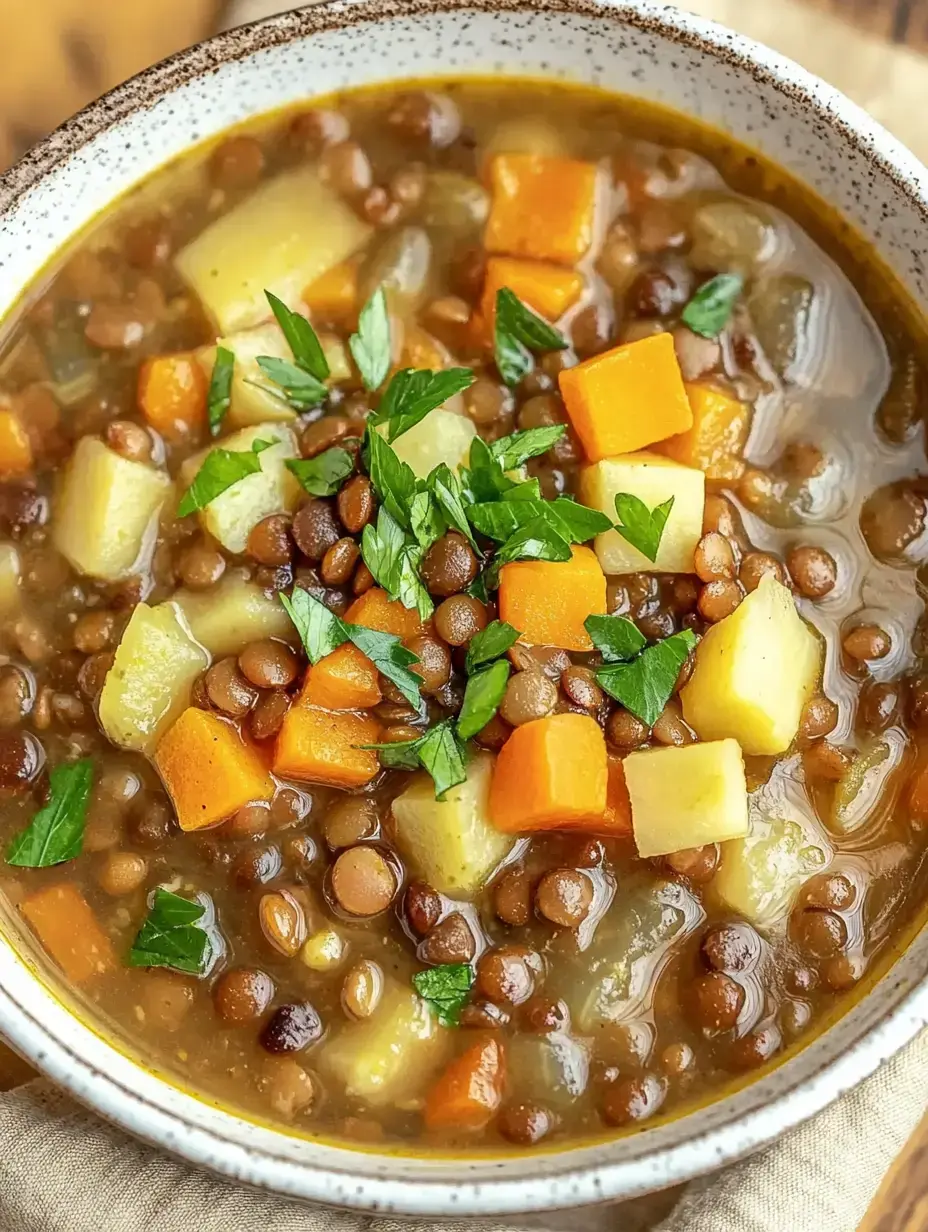 Un bol de sopa de lentejas con cubos de zanahoria, papa y perejil fresco por encima.