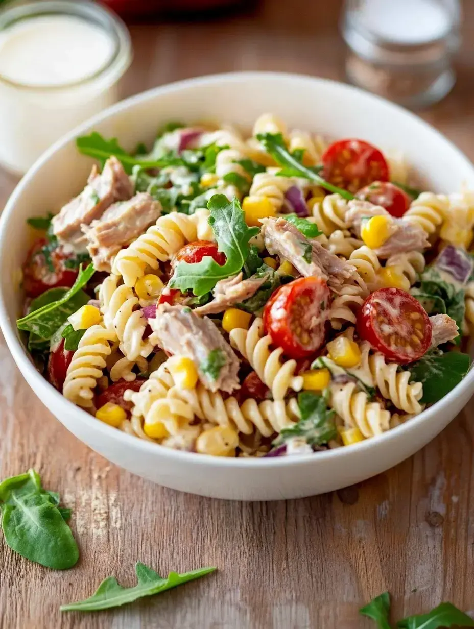 Un bol de ensalada de pasta con atún, tomatitos cherry, maíz y rúcula sobre una superficie de madera.