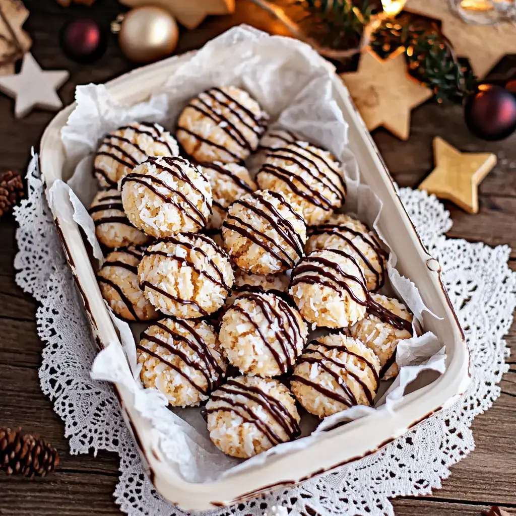 Un tazón con galletas hechas de coco, decoradas con chocolate y en medio de ambiente festivo.