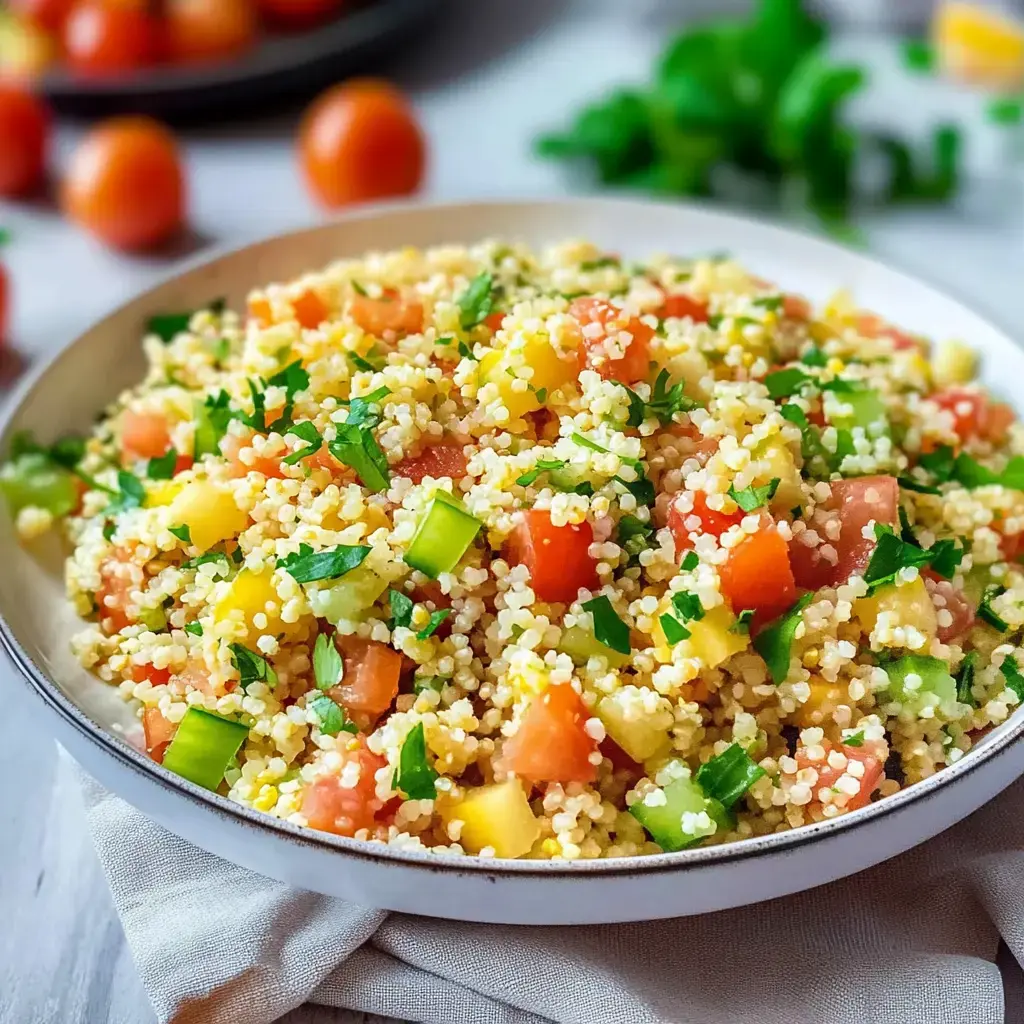 Una ensalada colorida de cuscús con jitomate, pimientos y perejil fresco en un bol.