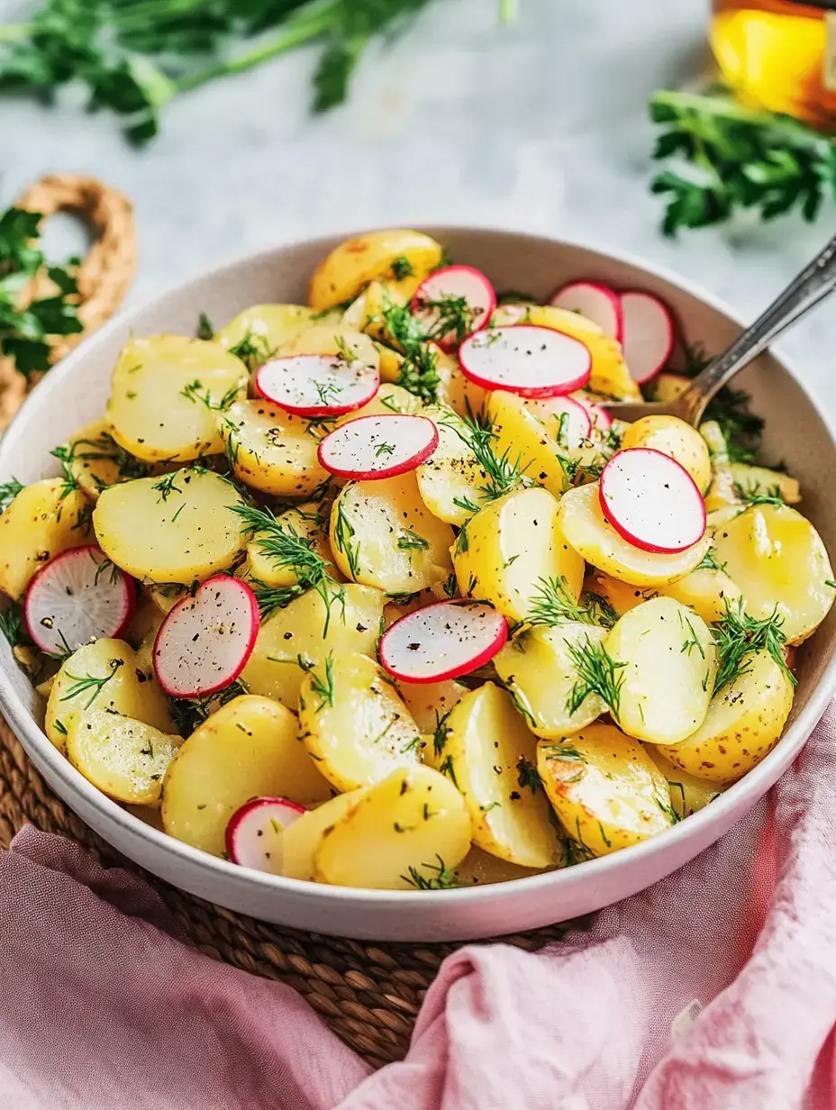 Gran bol de ensalada de patata con rabanitos y eneldo muy colorido.