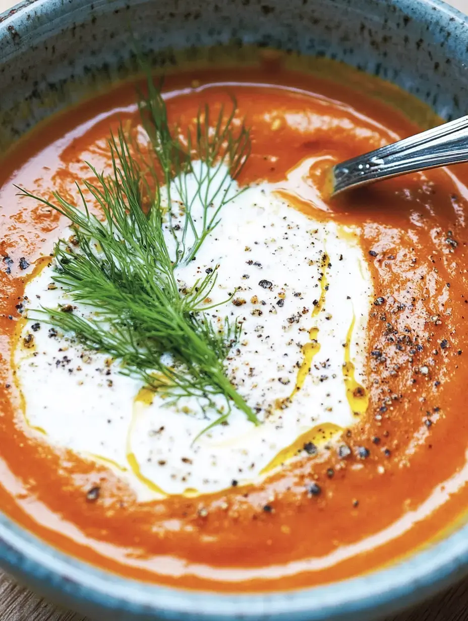 Un plato de sopa de tomate con nata, aceite de oliva y eneldo fresco.