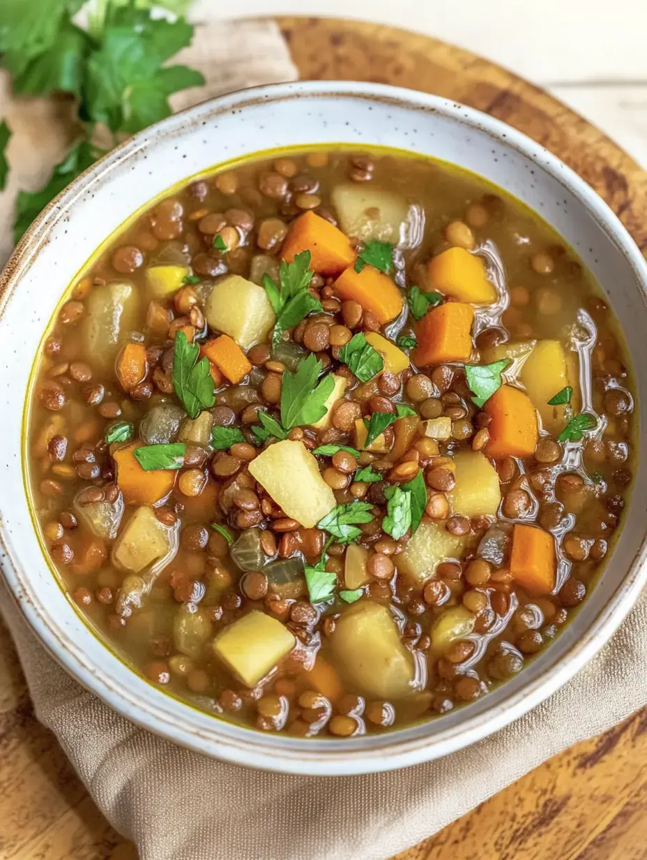 Un plato de sopa de lentejas con verduras en cubos y hierbas frescas.