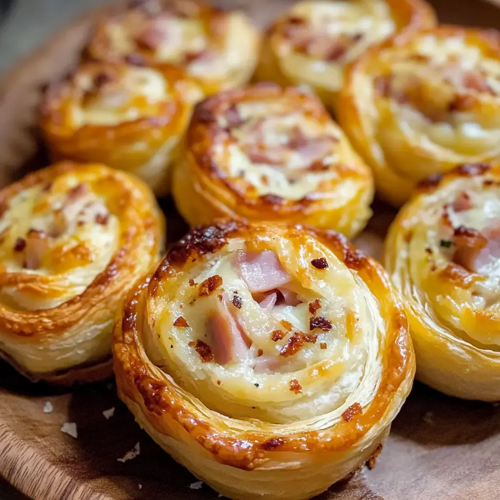 Aquí ves hojaldres recién hechos rellenos de jamón y queso, con la corteza súper dorada.