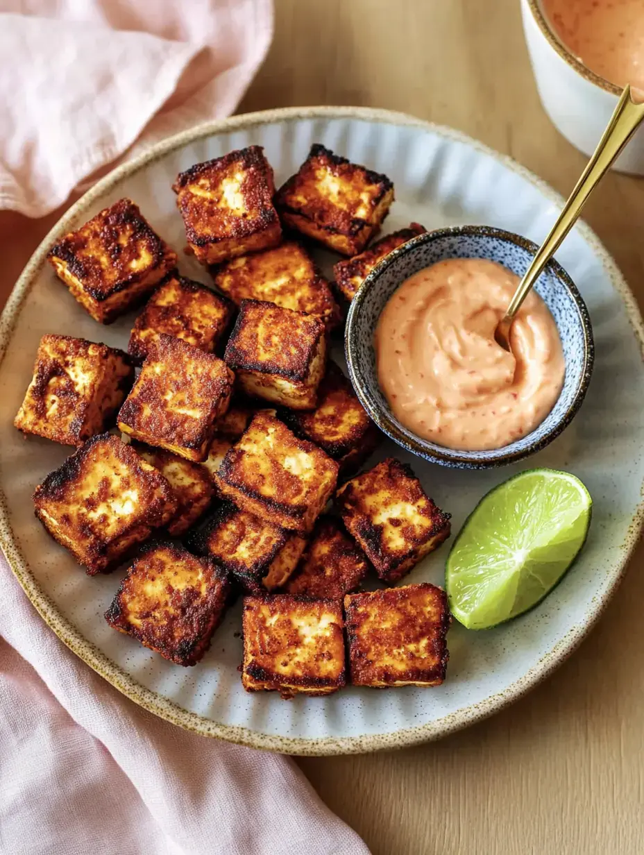 Un plato con cubos de tofu bien doraditos, salsa rosa cremosa y una rodaja de lima.