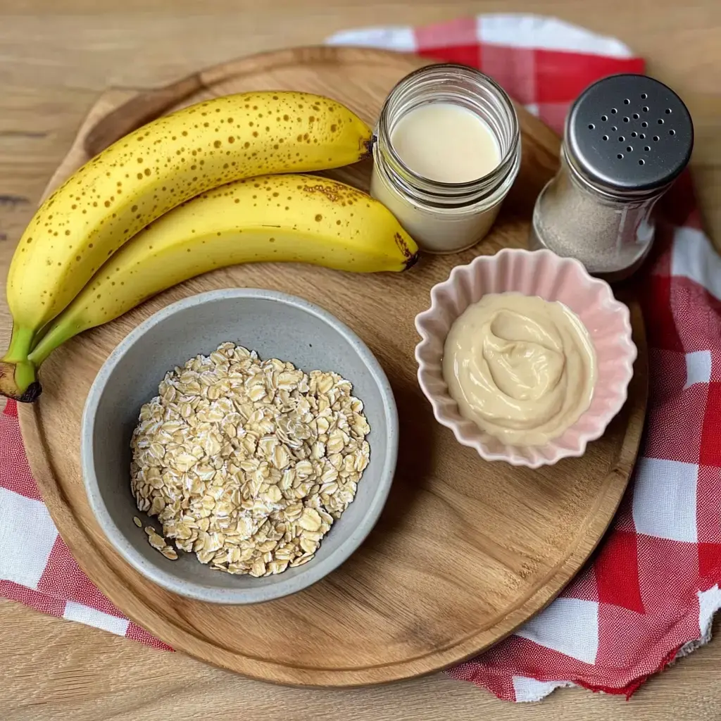 Sobre una tabla de madera hay dos plátanos, un bol con avena, un vaso con leche, un plato rosa con puré y un salero sobre un mantel a cuadros.