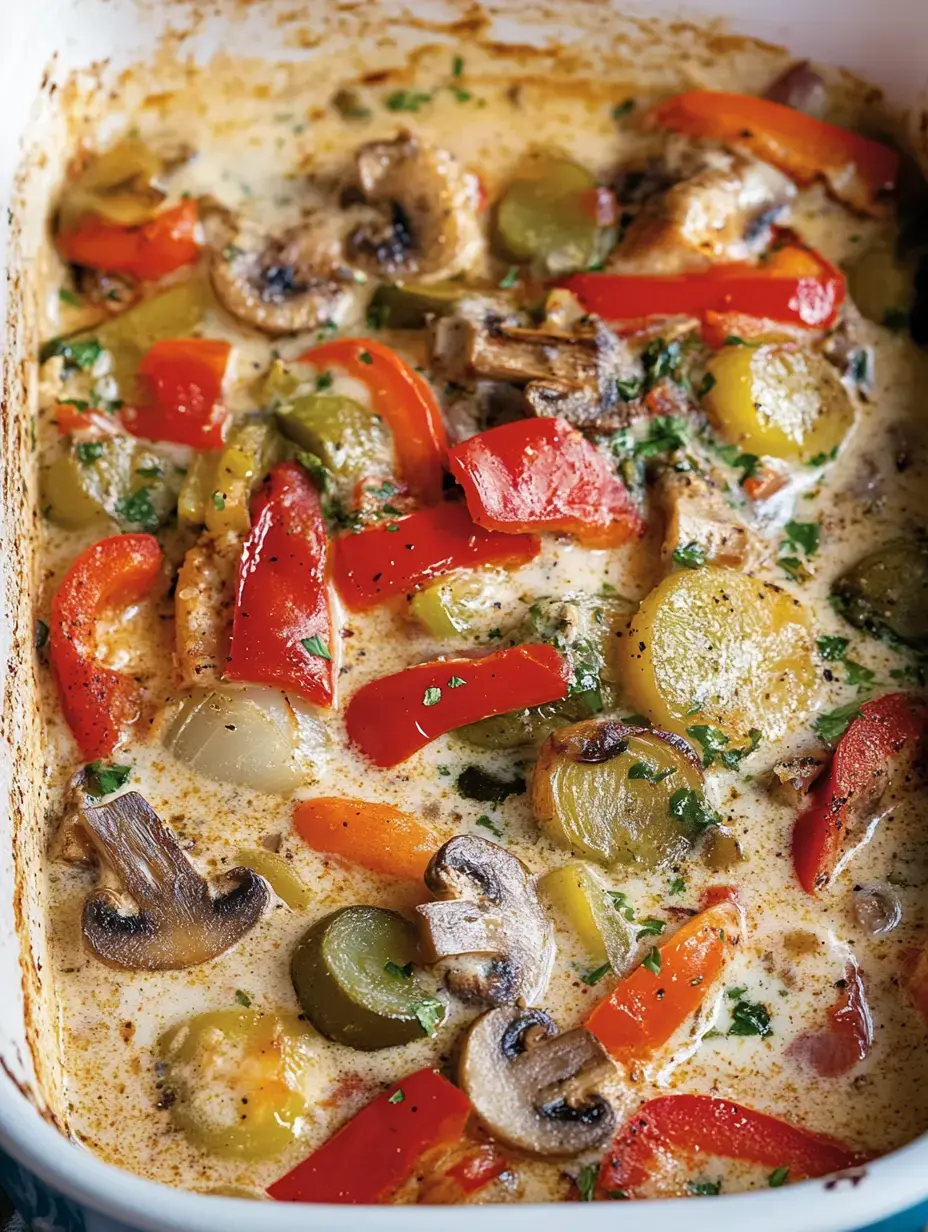 Un horneado de verduras coloridas como pimiento, champiñones y cebolla en salsa cremosa.