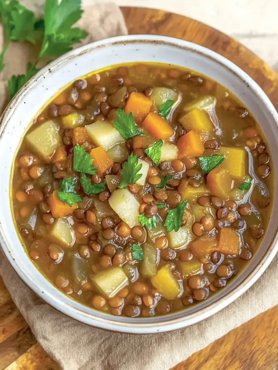 Un bol de sopa de lentejas con trozos de verduras y hierbas frescas por encima.