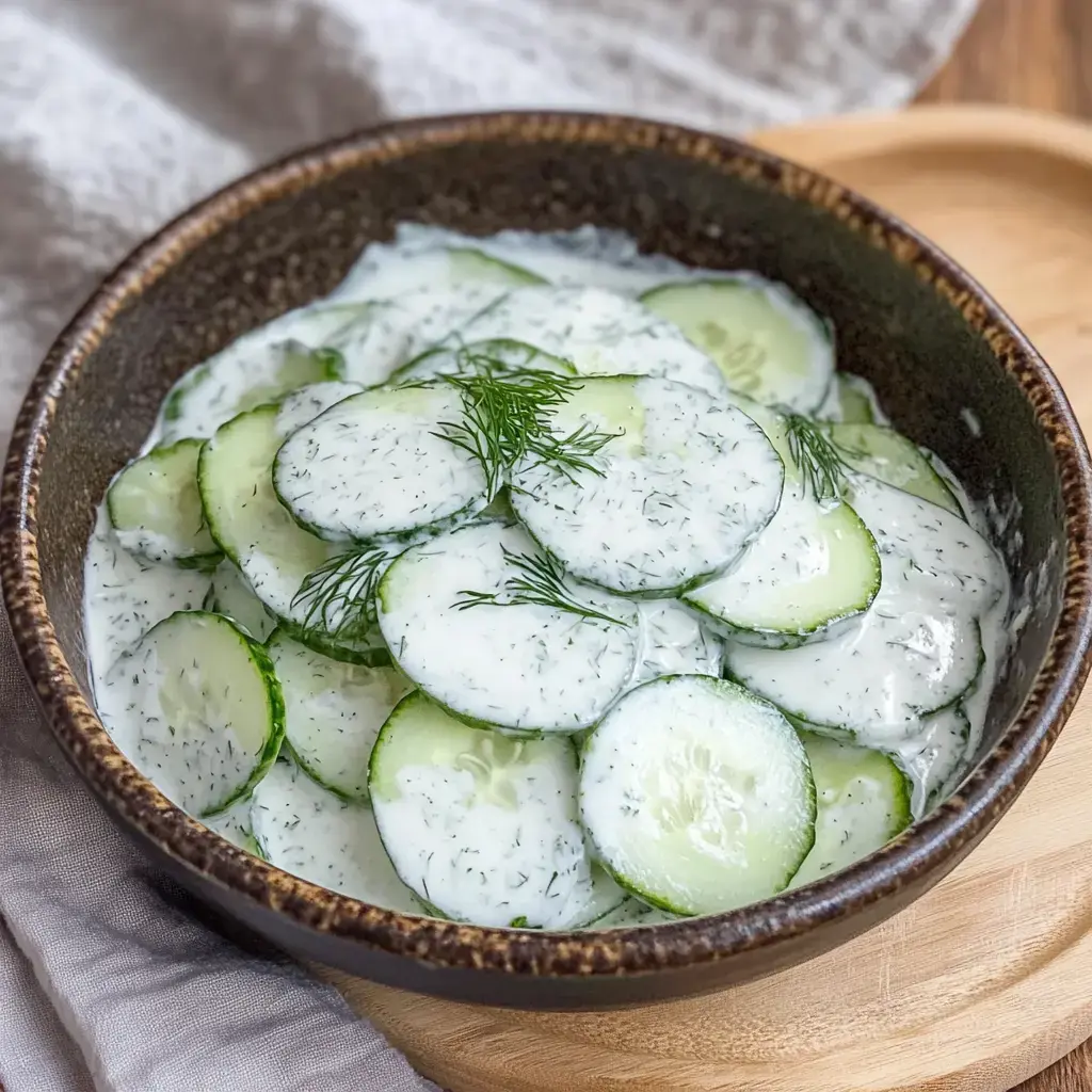 Un bol con rodajas de pepino cubiertas en una salsa cremosa con eneldo.