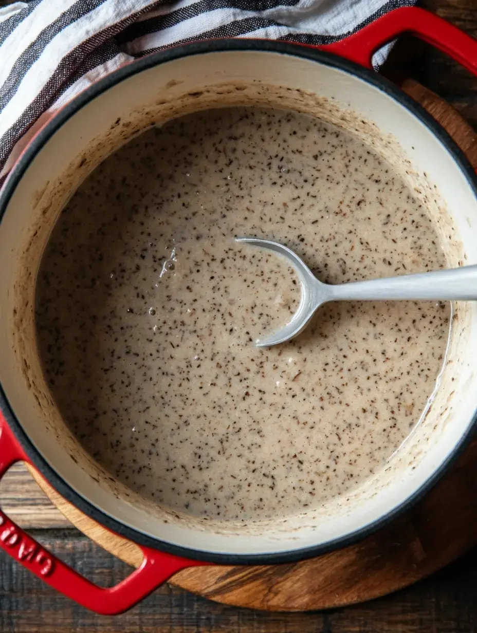 Olla roja llena de sopa cremosa de champiñones con cuchara de metal en una tabla de madera.